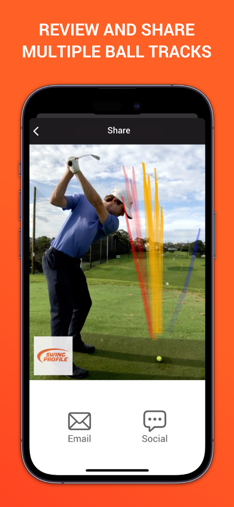 Golf swing analyzer app screen showing multiple color coded ball tracks with options to share via email or social media