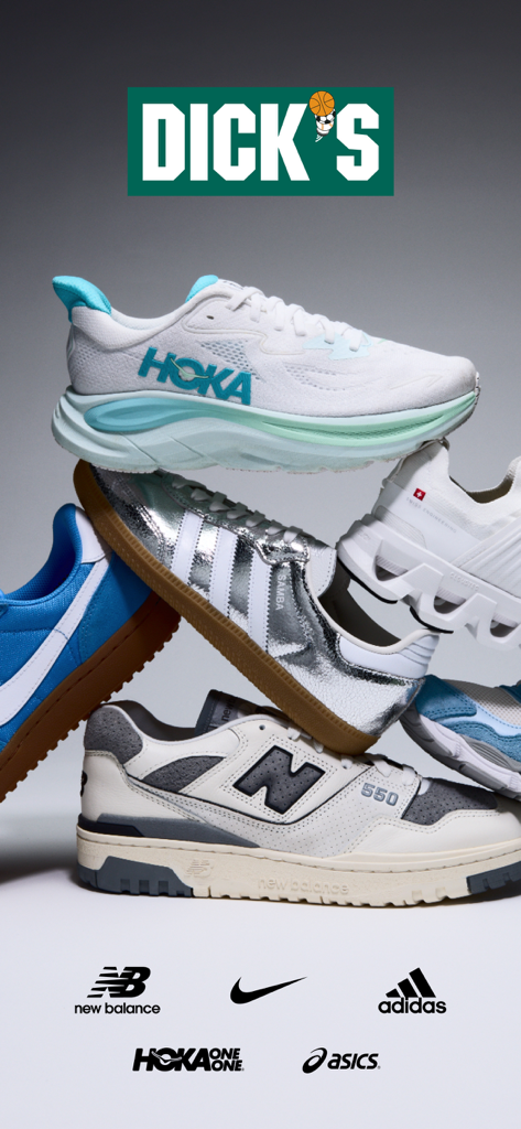 A stack of popular athletic sneakers from brands like Hoka, Adidas, and New Balance at DICK'S Sporting Goods.