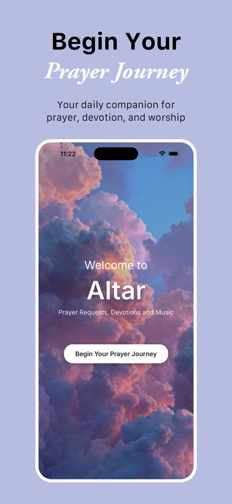 Altar: Prayer & Devotional - Altar prayer and devotion app onboarding screen with a serene sunset cloud background and a button to begin your prayer journey