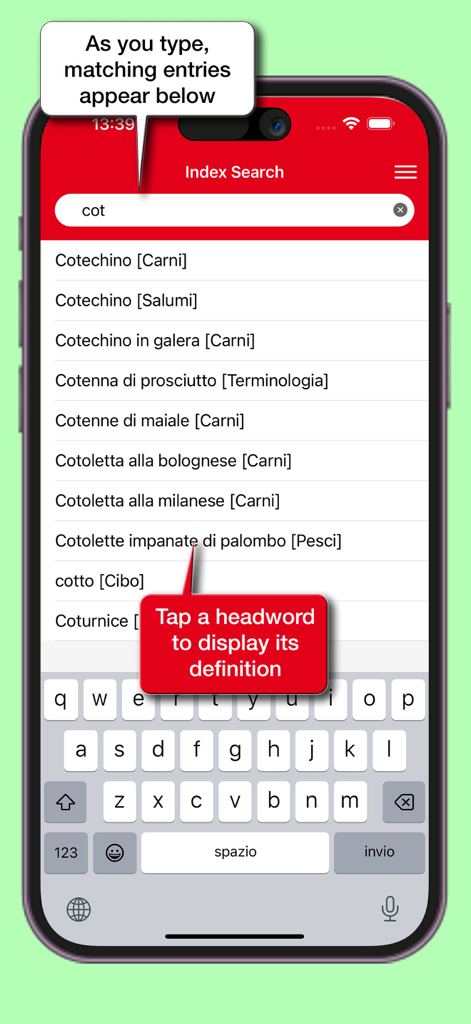 Interface de recherche de l'application Dictionnaire Gastronomique Hoepli montrant une liste de termes culinaires italiens et les résultats de recherche en temps réel