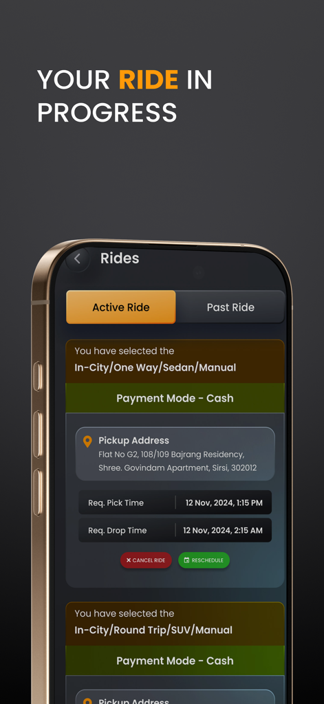 CarChalak - Interfaz de la aplicación CarChalak que muestra los detalles del viaje activo, incluida la ubicación de recogida y los horarios programados.