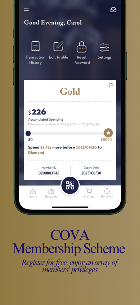 COVA HK - COVA HK app screenshot displaying membership gold status and spending rewards