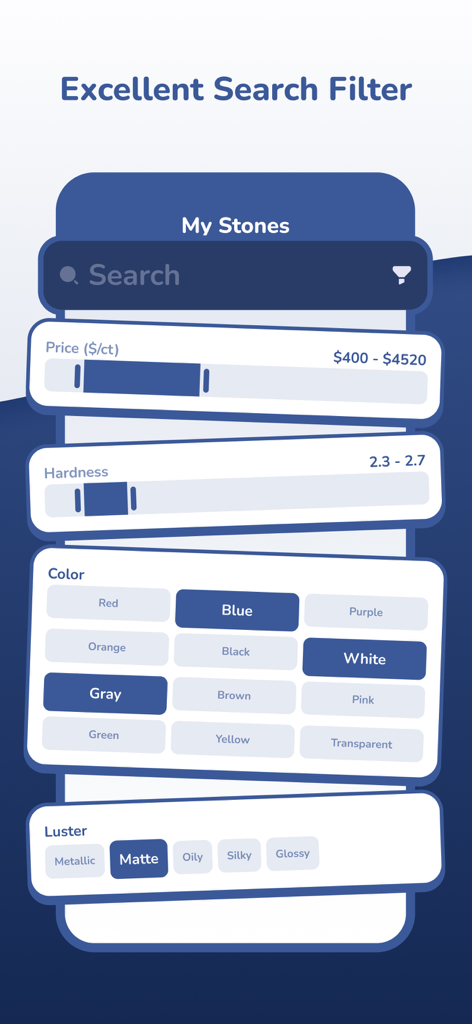 Rock and Mineral Identifier AI - Pantalla de la aplicación Identificador de Rocas y Minerales que muestra filtros de búsqueda por precio, dureza, color y brillo