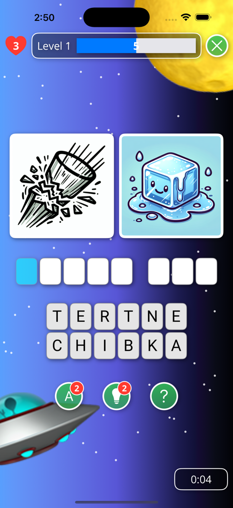 Capture d'écran du gameplay de l'application WordVibes montrant un puzzle rébus visuel avec des images de casser et de glace pour deviner une expression idiomatique courante.