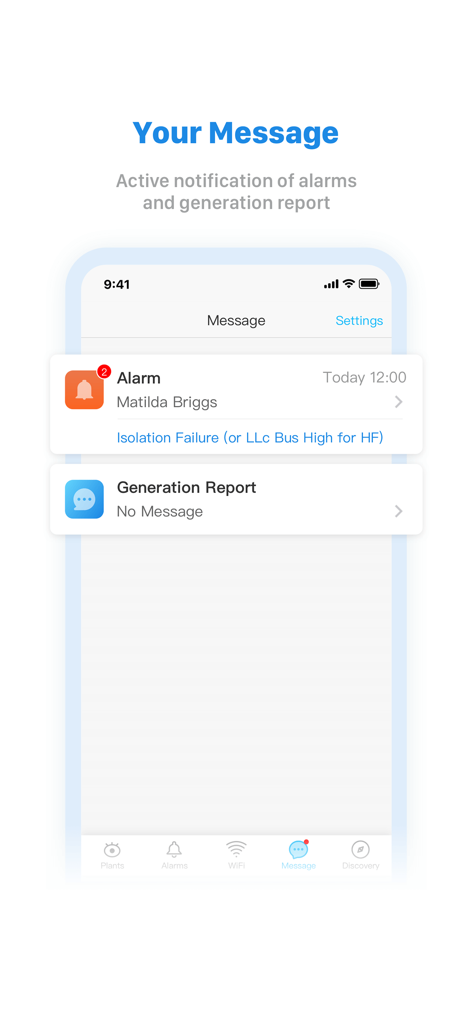 SEMS Portal - Mobile interface of the SEMS Portal app displaying active system alarm notifications and solar generation reports