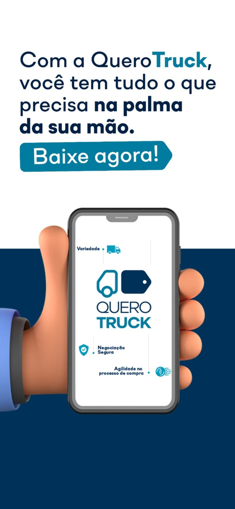 QueroTruck - Una mano che tiene uno smartphone che visualizza l'interfaccia dell'app QueroTruck con funzionalità per vendite di camion sicure e varietà