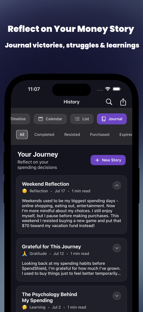 SpendShield - Impulse buying - Interface do aplicativo SpendShield mostrando um diário digital para refletir sobre decisões de gastos e crescimento financeiro.