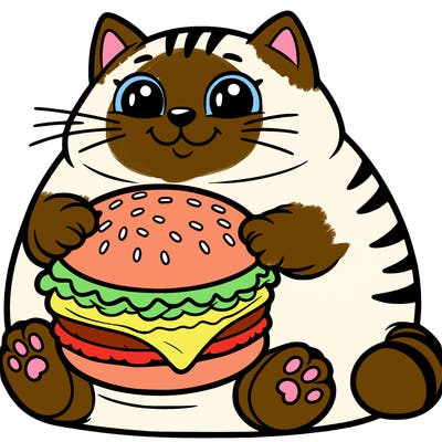 a fat cat with a cheeseburger