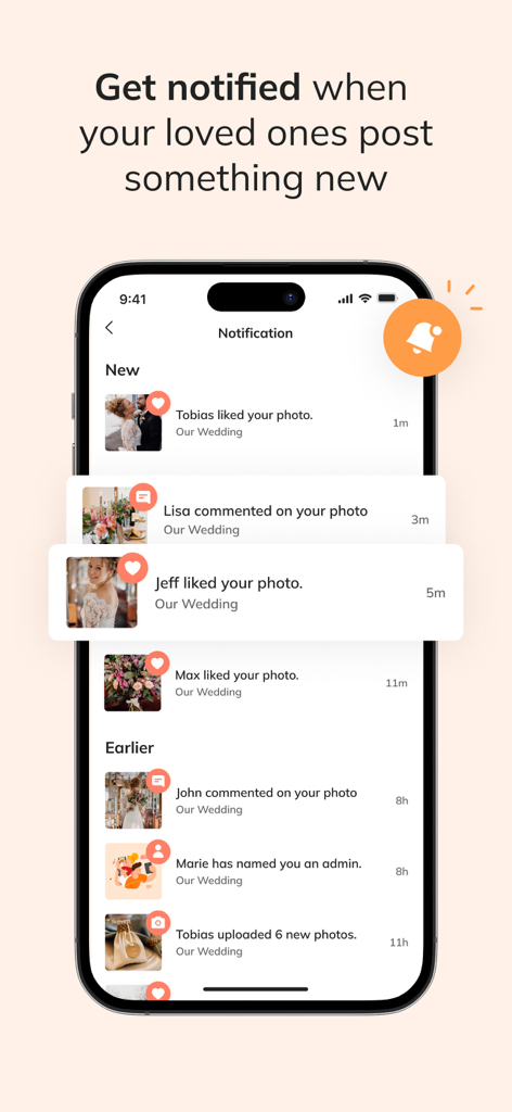 celebrate: share photo & video - Screenshot dell'app Celebrate che mostra un feed di notifiche con like e commenti su foto di matrimonio condivise