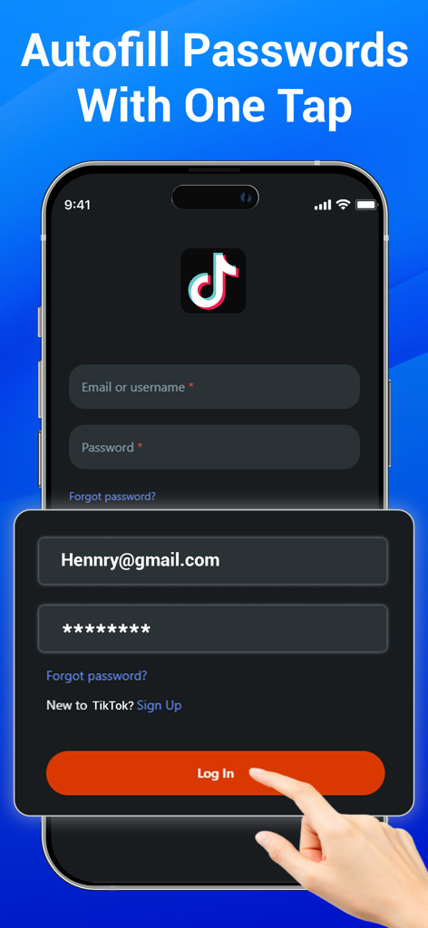 Authenticator App | 2FA Auth - Pantalla de smartphone que muestra autocompletado de contraseñas con un solo toque para iniciar sesión en TikTok usando la aplicación de Autenticación 2FA.