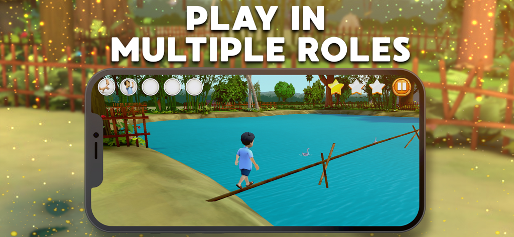 Meena Game 2 - Un personaje camina sobre un puente de troncos sobre el agua en el juego de aventuras 3D Meena Game 2.