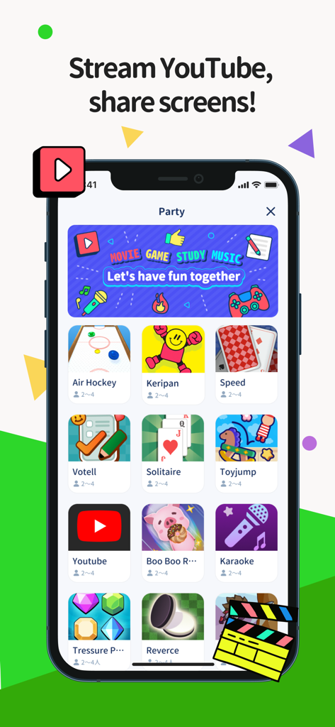 A smartphone showing the Parallel app Party menu with various mini games YouTube streaming and karaoke icons
