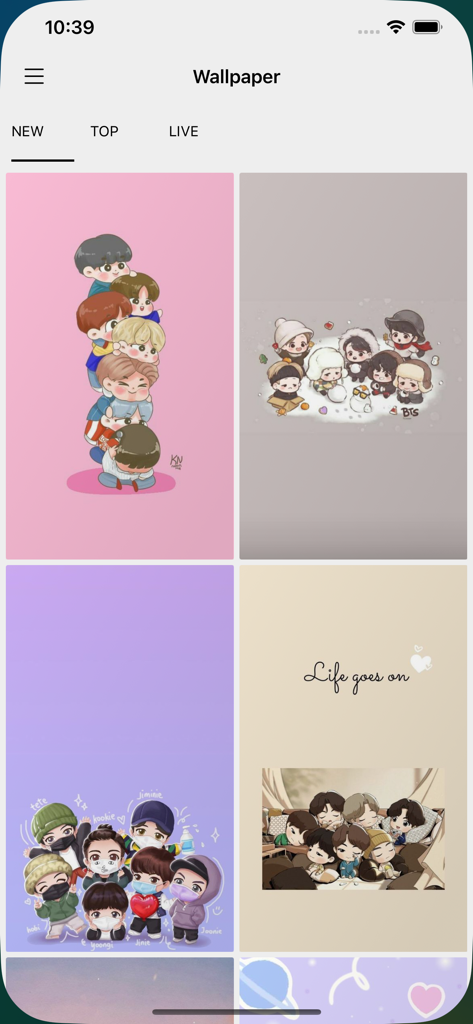 Cute BTS Live Wallpapers HD - Mobile app interface displaying a grid of cute chibi BTS cartoon wallpapers under the new category tab