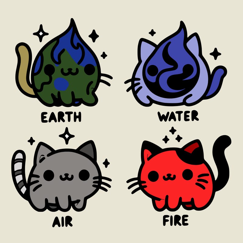 4 cats that represent the different elements, earth, water, air, and fire