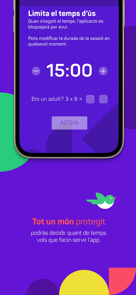 사용 시간 제한 타이머와 성인 인증 수학 문제를 보여주는 SX3 모바일 앱 자녀 보호 기능 인터페이스