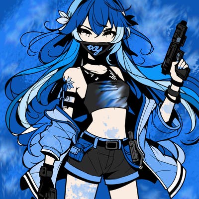 bad girl wearing crop top holding a gun long hair anime