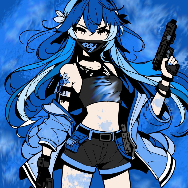 bad girl wearing crop top holding a gun long hair anime