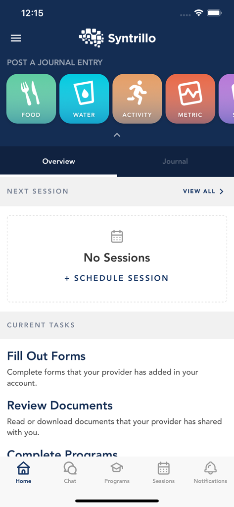 Schermata principale dell'app mobile Syntrillo che mostra opzioni per l'inserimento nel diario della salute e le attività di recupero correnti per i sopravvissuti all'ictus.
