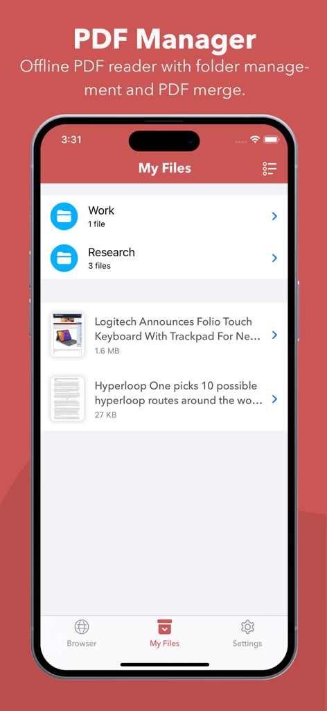 Web to PDF Converter & Reader - Offline PDF file manager showing folders and saved web articles