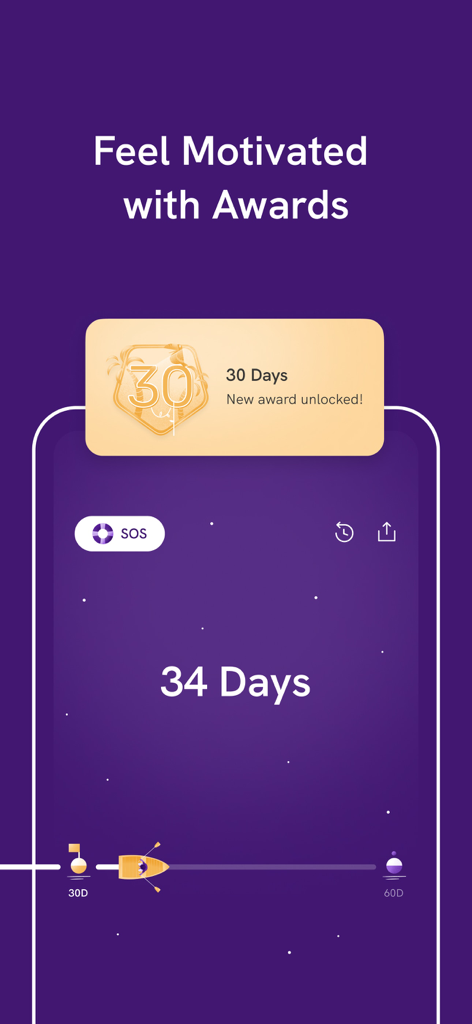 Migiri: Porn Blocker & More - Migiri app interface showing a 34 day streak and a 30 day milestone award for motivation.