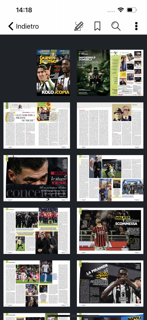 GS Guerin Sportivo - Vista de cuadrícula de páginas de revistas digitales y artículos de fútbol en la interfaz de la aplicación GS Guerin Sportivo