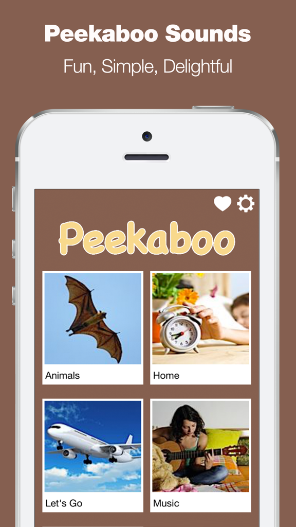Main menu screen of the Peekaboo Sounds toddler game showing educational categories like Animals and Home with realistic photos