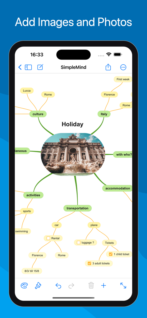 SimpleMind Pro - Mind Mapping - SimpleMind Pro app interface displaying a holiday mind map with a central image of the Trevi Fountain and organized travel branches.
