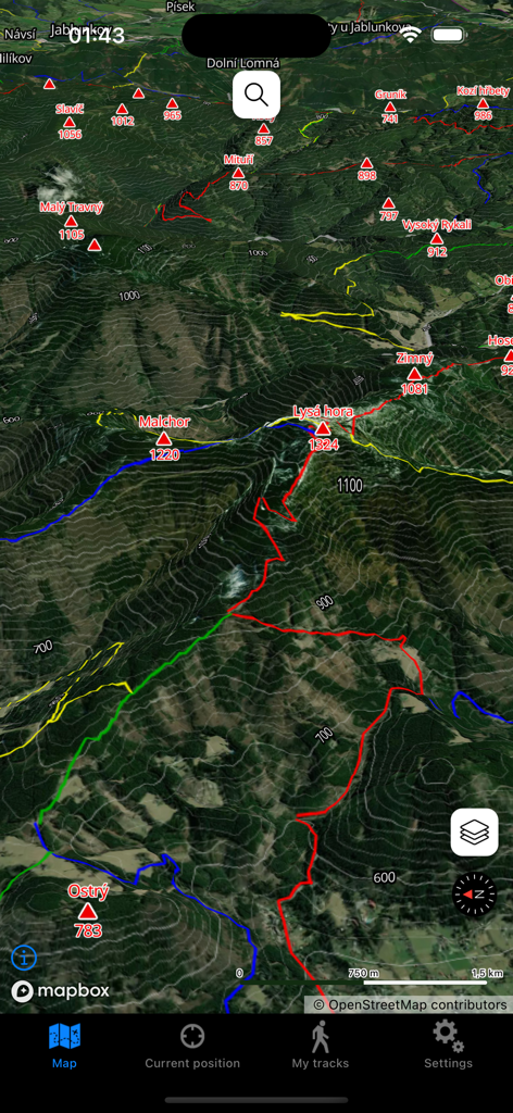 3D topographical map showing hiking trails and mountain peaks in the Czech Republic