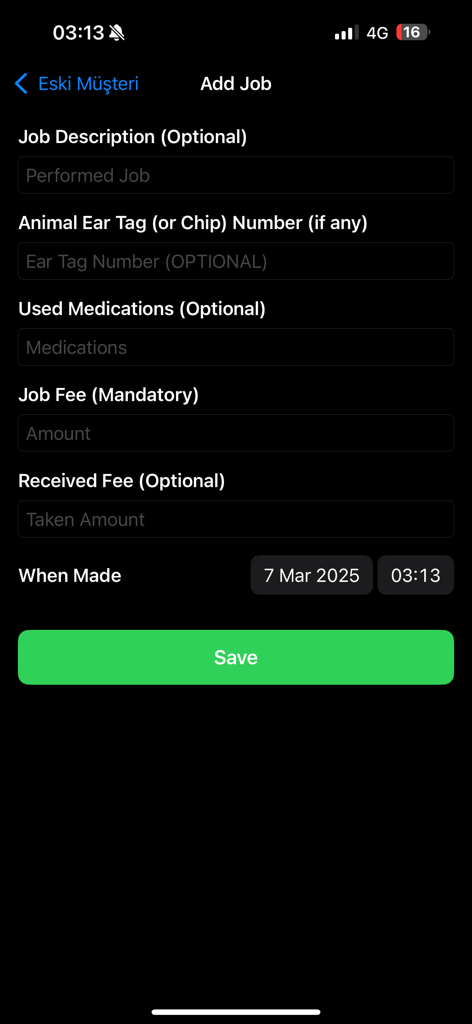 Mobile app interface to add a veterinary job including animal chip number medications and fees