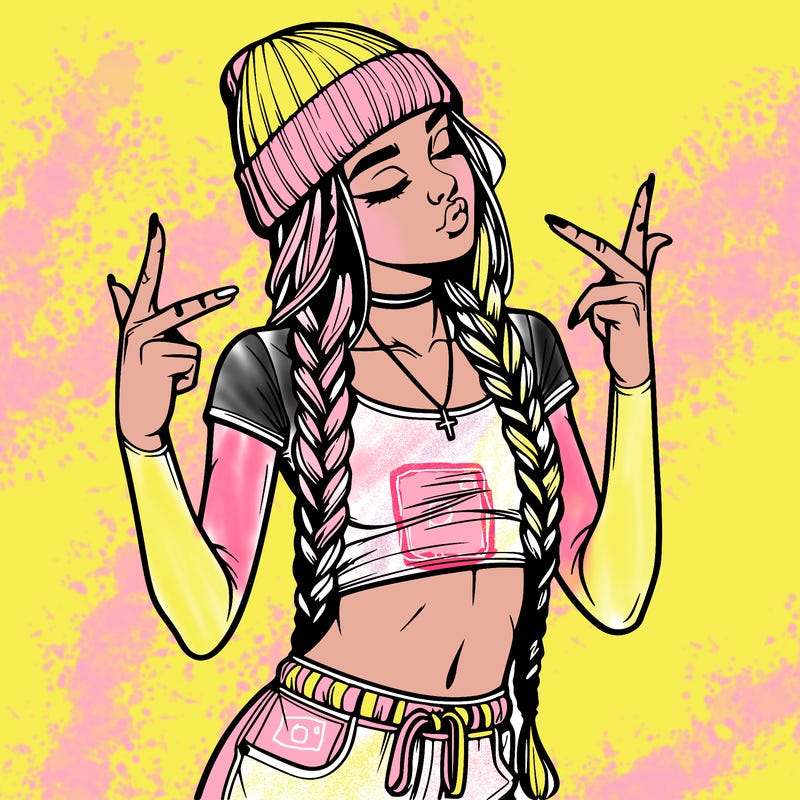 realistic teenage girl with braids and a beanie and crop top doing 🫶🏼