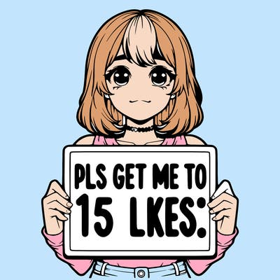 realistic girl holding up a sign that says “pls get me to 15 likes!”
