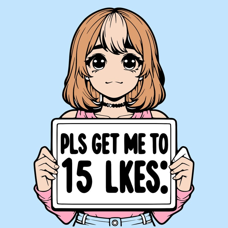 realistic girl holding up a sign that says “pls get me to 15 likes!”