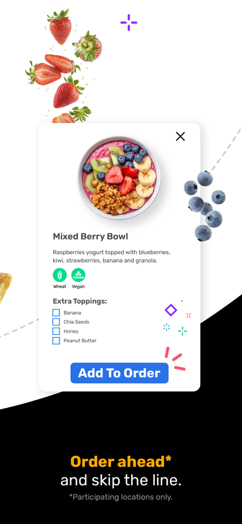 Nutrislice app interface showing a customizable Mixed Berry Bowl with dietary icons and an option to order ahead.
