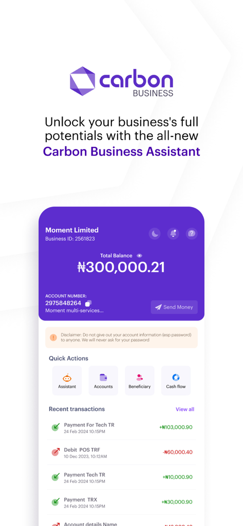 Panel de Carbon Business Banking mostrando el saldo de la cuenta y transacciones recientes