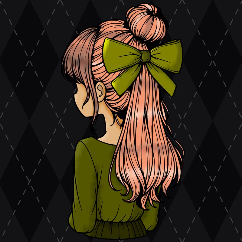 realistic girl  with hip length hair a bun and a big bow on the back of head