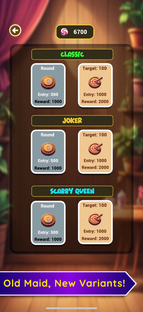 Old Maid: Fun Card Game! - Game mode selection screen for Old Maid showing Classic, Joker, and Scabby Queen variants with round and target options.