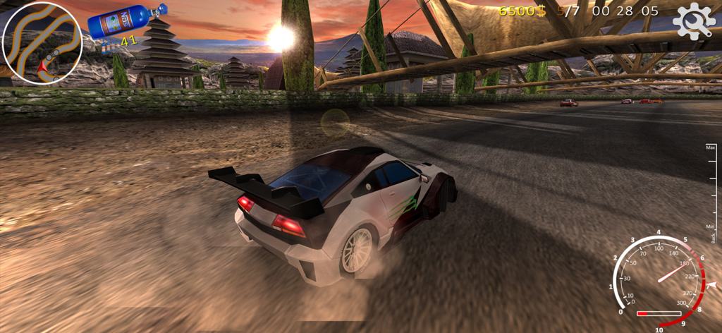 XTrem Racing - A white sports car drifting on a racing track at sunset in the XTrem Racing mobile game.