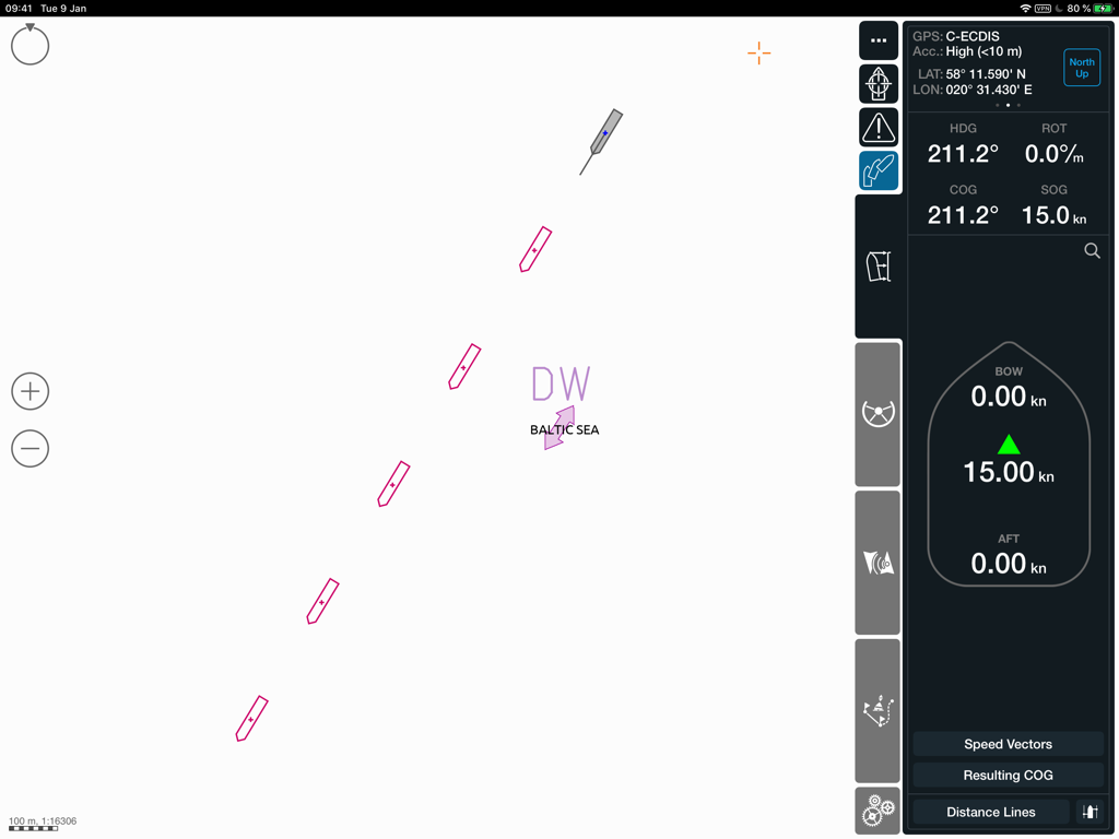 Application Wärtsilä BridgeMate affichant les données de navigation du navire et les cartes maritimes
