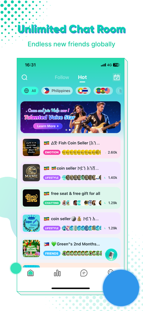 Hala app interface showing a list of trending voice chat rooms with global users
