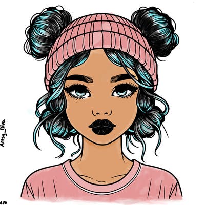 realistic girl with buns in her hair with a beanie on