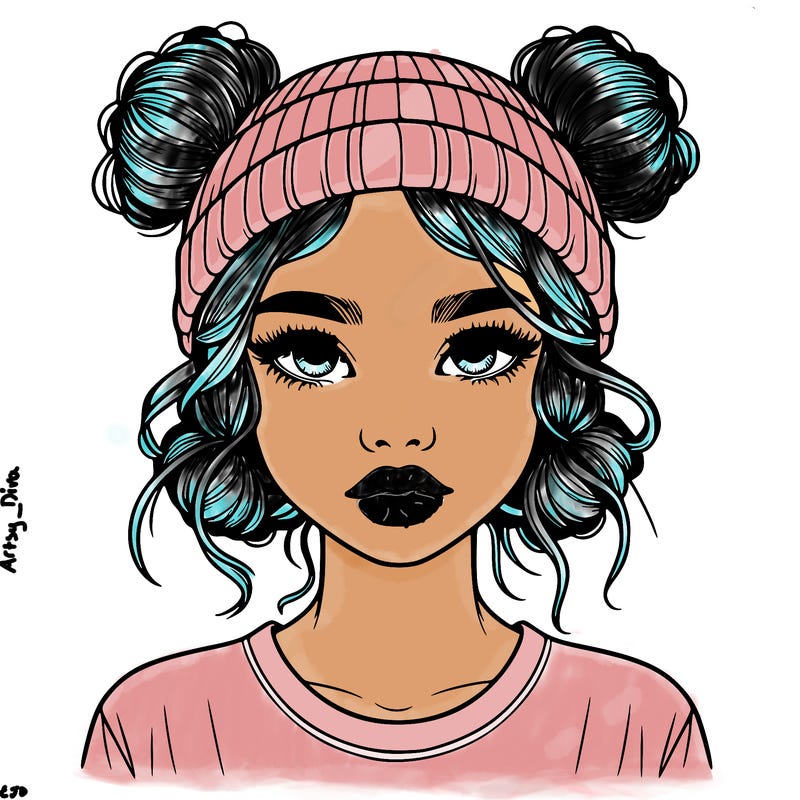 realistic girl with buns in her hair with a beanie on