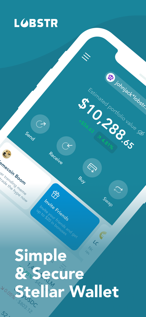 LOBSTR Wallet App-Oberfläche mit Saldo des Benutzerportfolios und Schnellactions-Buttons für Stellar-Assets