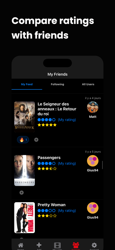 CinéList - Feed social de la aplicación CinéList que muestra la comparación de calificaciones de películas con amigos