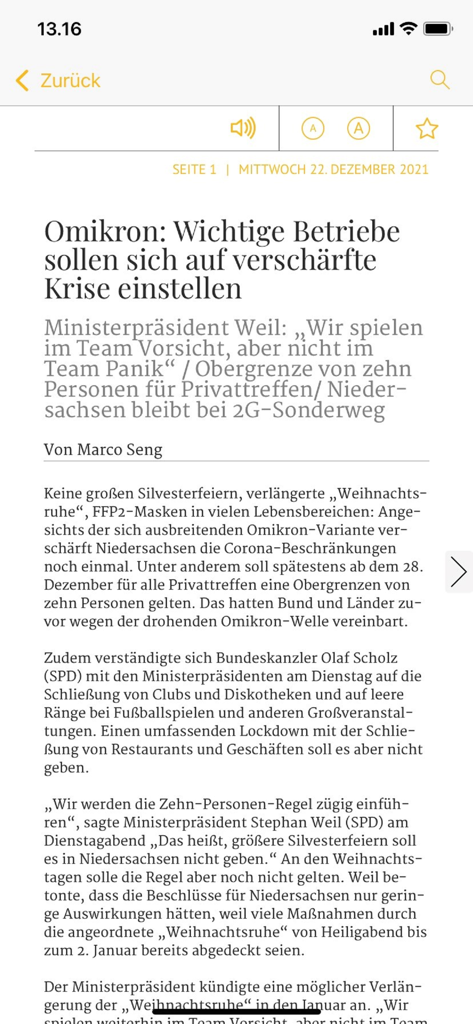 HAZ Digital - HAZ Digital App zeigt einen deutschen Zeitungsartikel im Lesemodus an