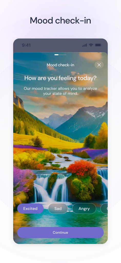 Balancy - Écran de suivi de l'humeur de l'application Balancy avec un paysage de cascade et des boutons pour sélectionner des sentiments comme excité, triste ou en colère