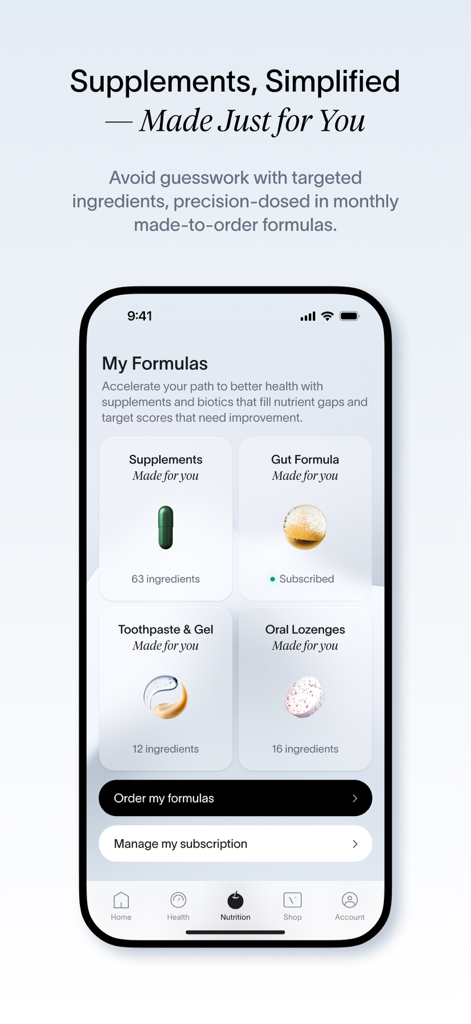 Viome - Viome app interface showing personalized supplement and gut formula recommendations
