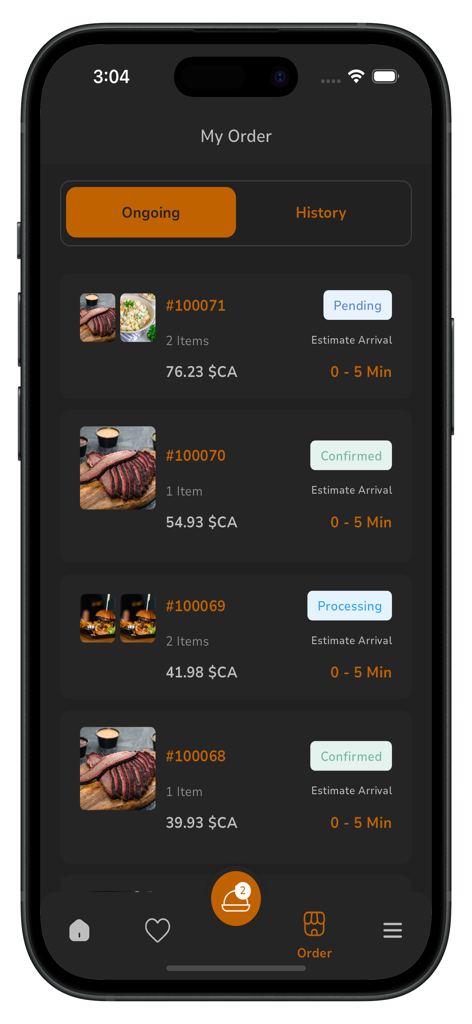 The Shack - The Shack mobile app interface showing multiple ongoing smoked meat orders with status tracking and estimated arrival times