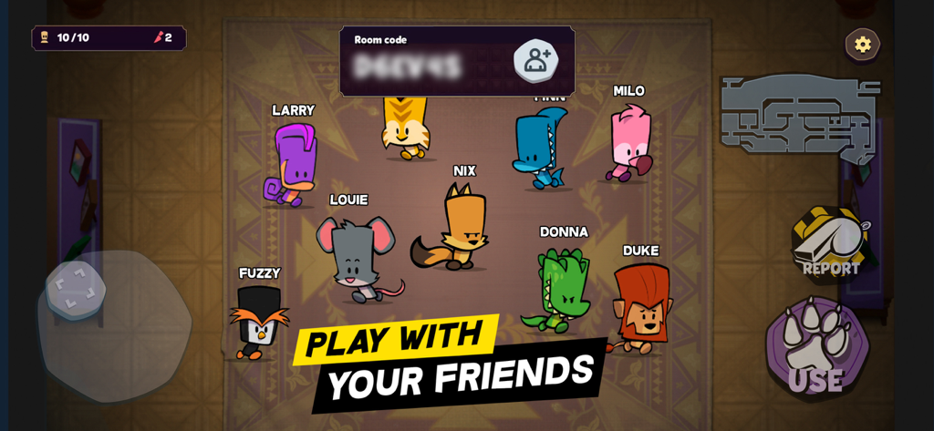 Multiplayer lobby in Suspects Mystery Mansion featuring diverse animal characters and a Play With Your Friends overlay.