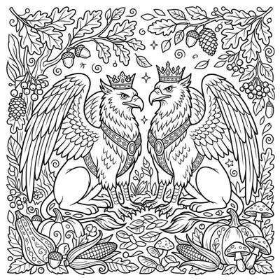 Step into a world of fantasy and fall with this magnificent coloring page featuring two regal griffins adorned with crowns. Surrounded by a bounty of autumn's harvest, this intricate design offers a captivating creative escape.