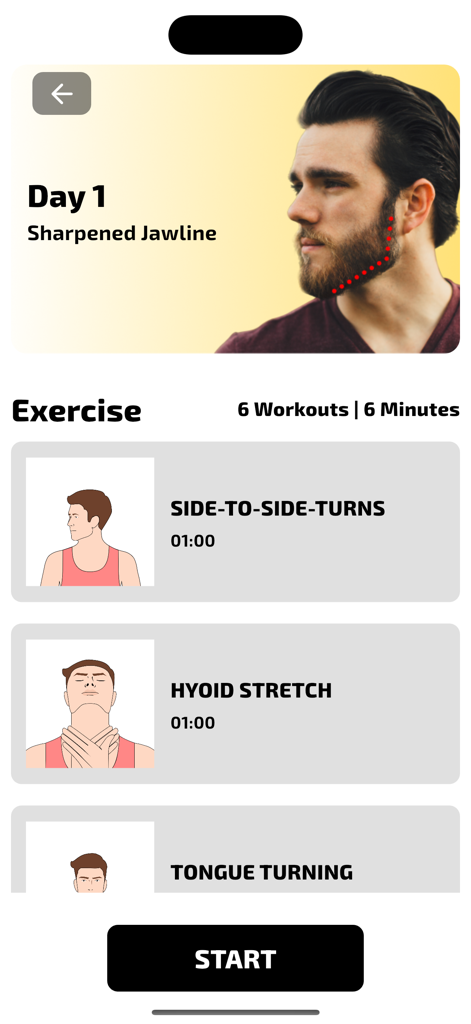 Une interface d'application mobile affichant une routine de yoga facial de 6 minutes pour une mâchoire plus nette, comprenant des exercices comme les rotations latérales et l'étirement de l'hyoïde.